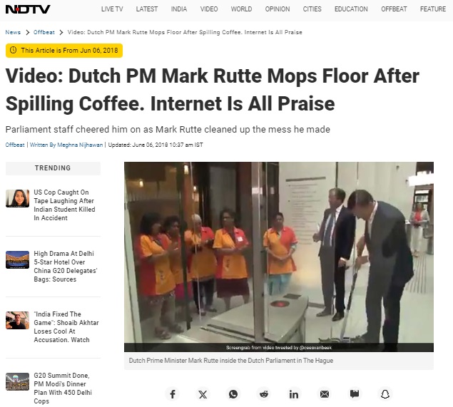 An old video of Netherlands PM Mark Rutte mopping the floor after he spilled coffee on it falsely shared as an incident that happened during the recent G20 summit in New Delhi.
