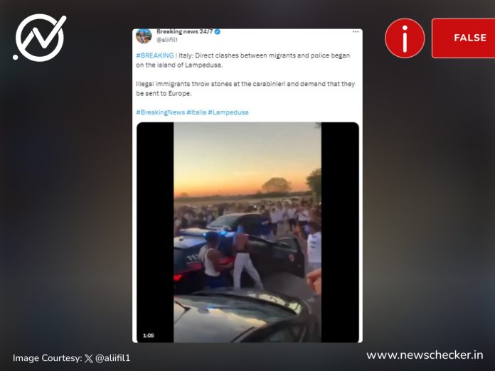 A video of a brawl outside a nightclub in Marotta, Italy, in 2021, falsely claimed to show illegal migrants and police clashing in Lampedusa.
