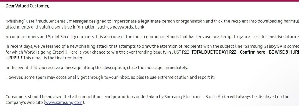 Alert in Samsung website