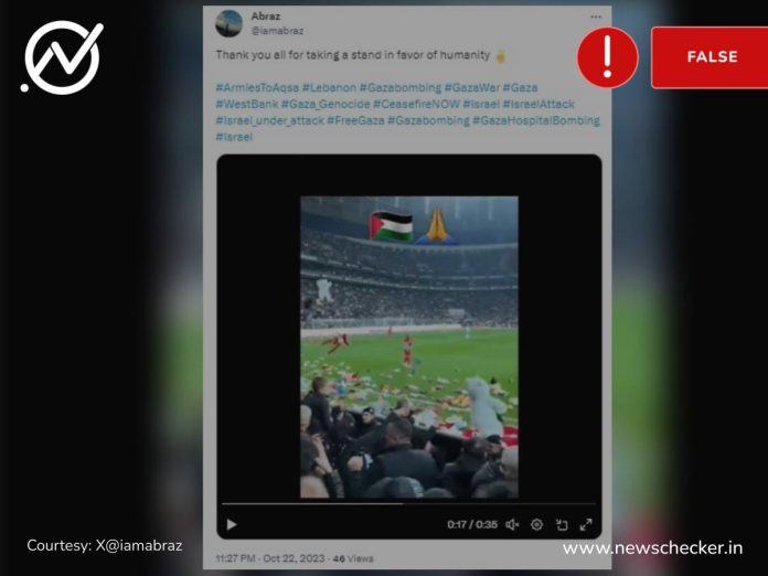 Viral video claimed to show football fans showering the pitch with soft toys in a show of solidarity for the children affected by the Gaza air strikes is actually of a mass donation drive organised for the children in earthquake-hit Turkey in February 2023.