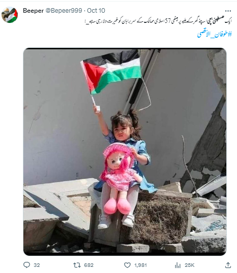 فلسطینی پرچم لئے ملبے پر بیٹھی بچی کی پرانی تصویر وائرل ہو رہی ہے۔