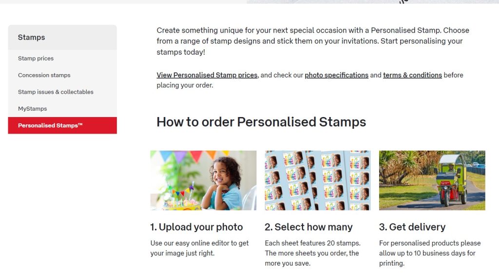Screen shot of Personalised stamp section in Australian postal website