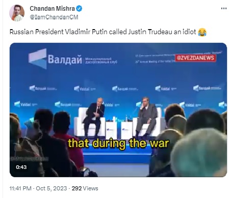 Viral video shows Russian President Vladimir Putin ridiculing former Canada parliament Speaker Anthony Rota, not Prime Minister Justin Trudeau, as claimed by social media users.