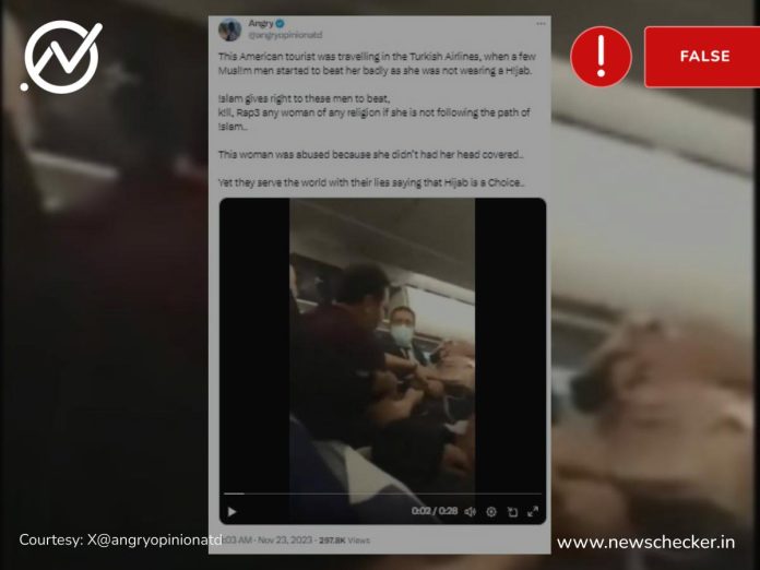 A video of a brawl between passengers about the overhead bins on a Tunisair flight at Istanbul airport in April 2021 has been shared with a false communal claim.