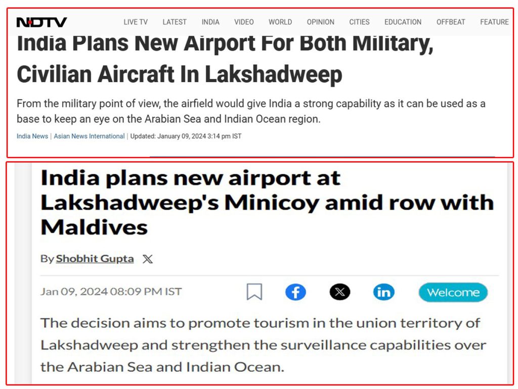 Screen shot of the articles on the proposed airport at Lakshadweep