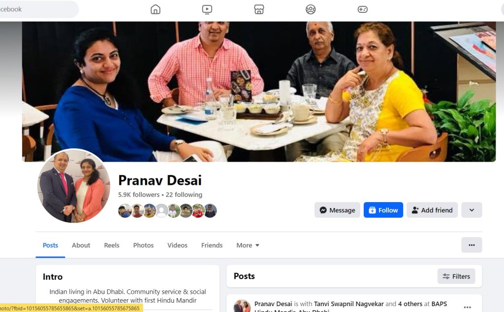 Screen shot of Facebook account of Pranav Desai