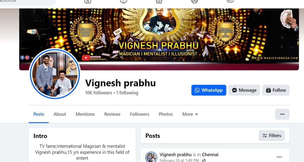 Screen shot of the cover page of Facebook page of Vignesh prabhu
