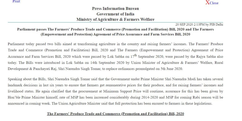 Screen shot of Press release by PIB