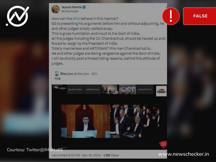 Viral video was misleadingly clipped to falsely claim that the CJI and judges walked away when the SG was presenting his arguments during the SC’s hearing of the electoral bonds case.