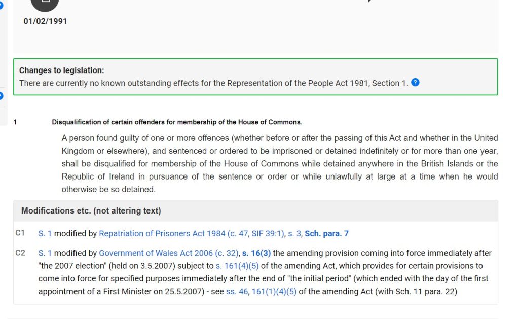 Representation of the People Act 1981 in  UK Legislation Website 
