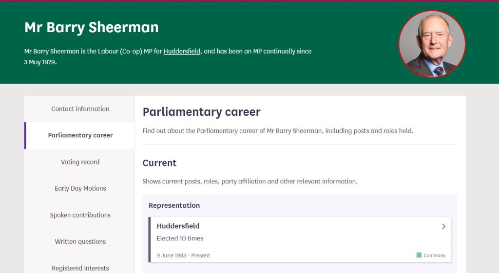 Mr Barry Sheerman's profile on the website of the UK Parliament 