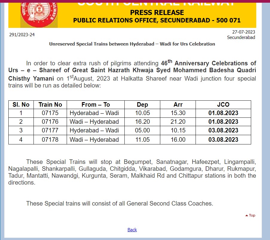 Official notification of South Central Railway 