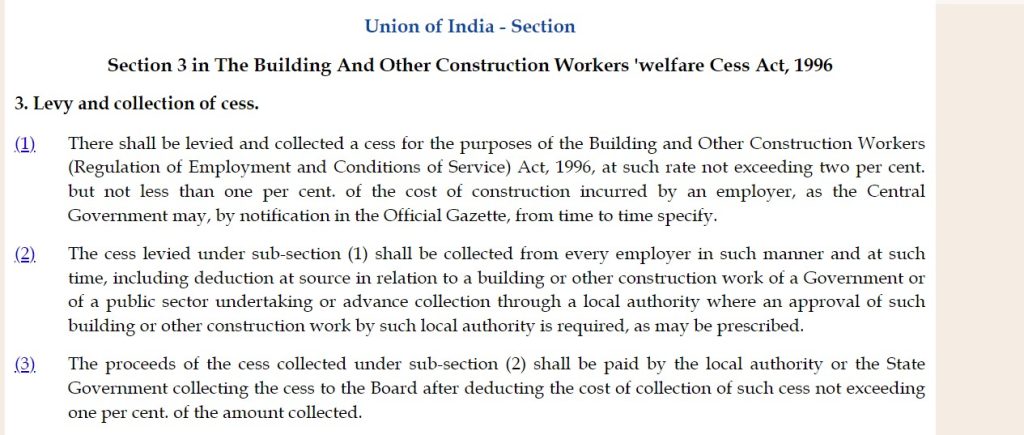 Section 3 in The Building And Other Construction Workers' welfare Cess Act, 1996