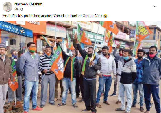 BJP supporters protest against Canada outside Canara Bank.
