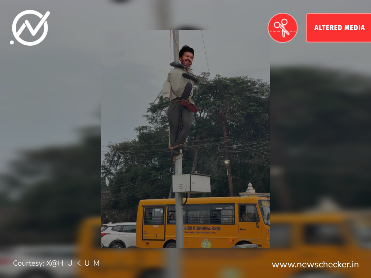 விஜய் உருவ பொம்மையை மின்கம்பத்தில் கட்டி செருப்பு மாலை அணிவித்ததாக பரவும் எடிட் படம்!