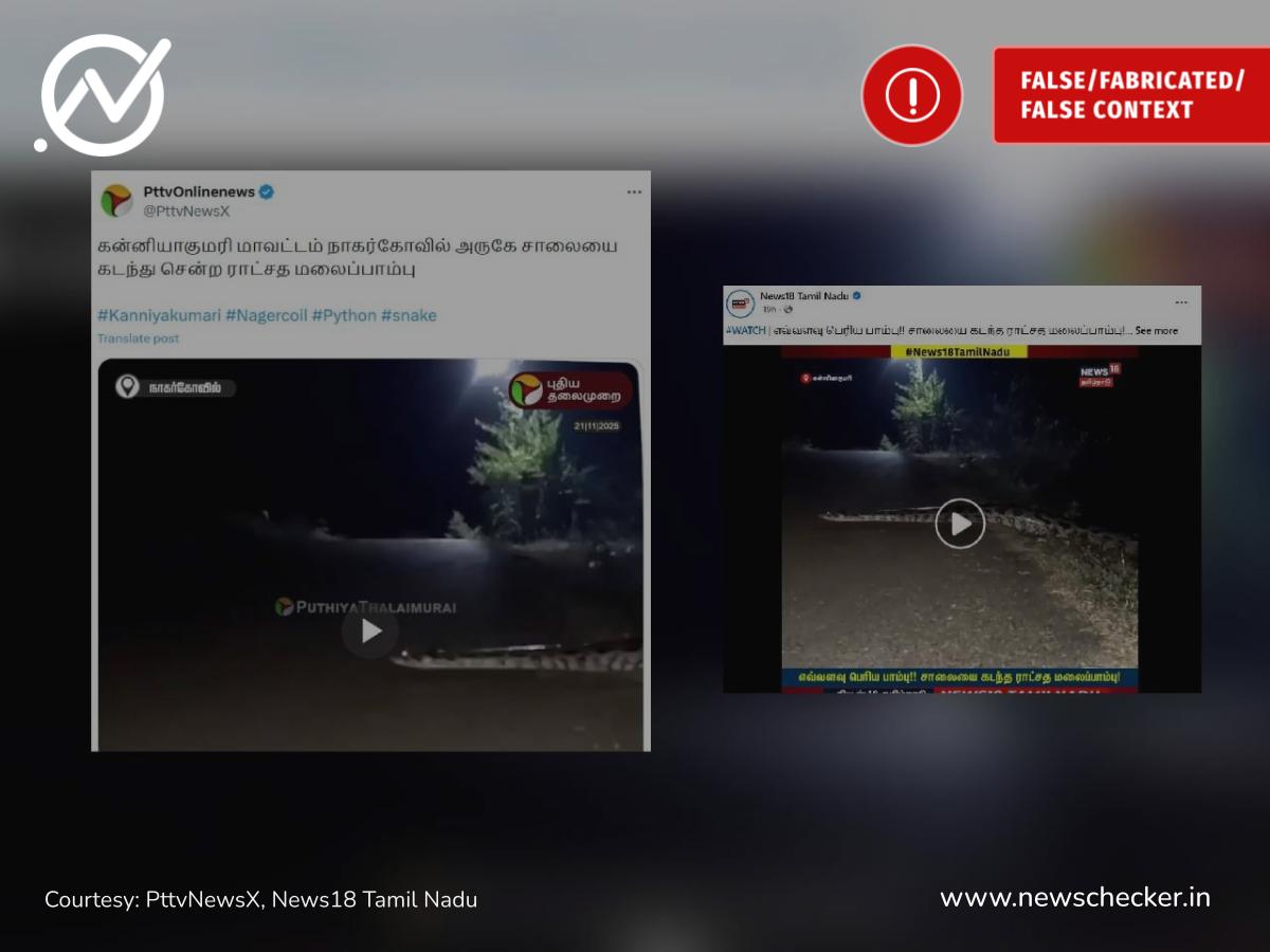 கன்னியாகுமரி அருகே சாலையைக் கடந்த மலைப்பாம்பு என்று பரவும் வீடியோ செய்தி உண்மையா?